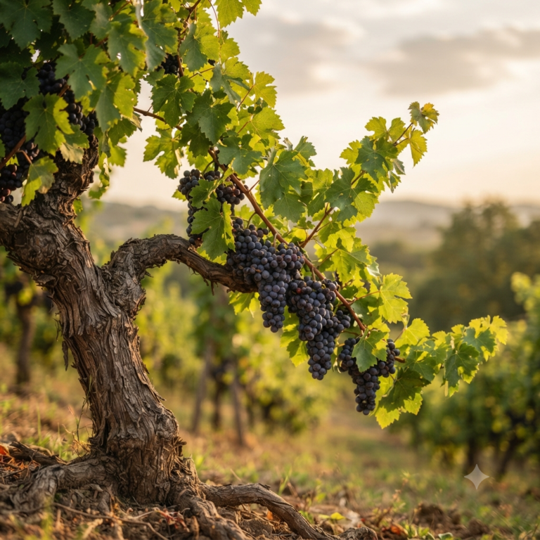 Vid y pámpanos con racimos de uvas maduras en un viñedo al atardecer, ilustrando la metáfora espiritual de Juan 15:5.